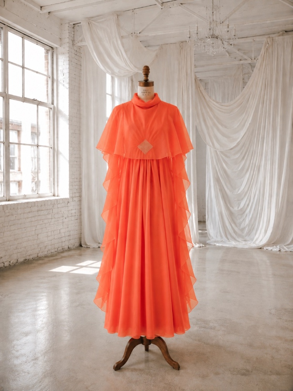 Vintage 1970s Peach Salmon Disco Chiffon Cape Back Orange Maxi Dress S